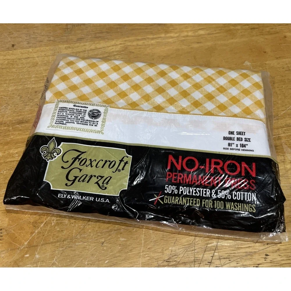 Vtg Foxcroft Garza Full Flat Sheet Orange Plaid Check Perm Press Retro NOS